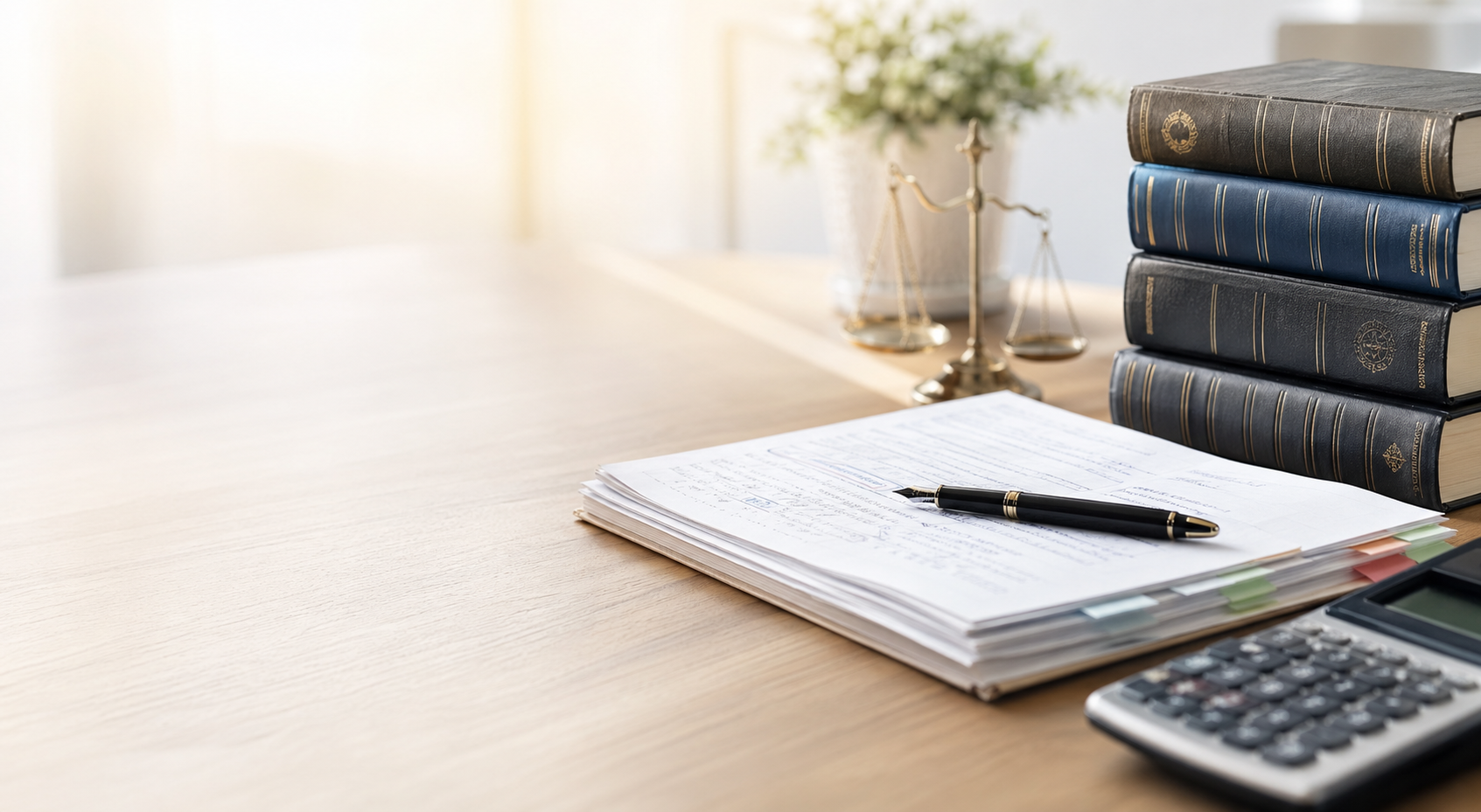 Notatki, książki prawnicze i akcesoria do nauki na jasnym biurku